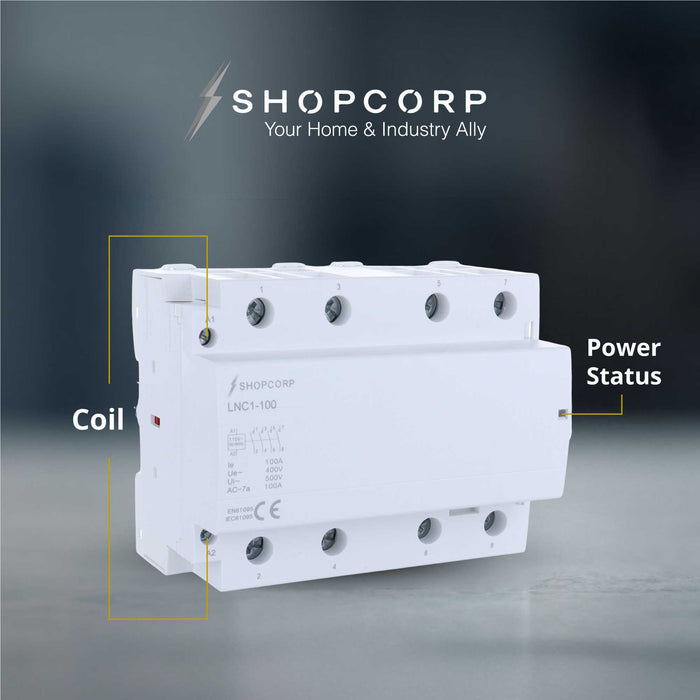 Shopcorp 100 Amp 4 Pole Normally Open IEC 500V Contactor with DIN Rail and 2 Screws for HVAC, AC, Motor Load and Lighting