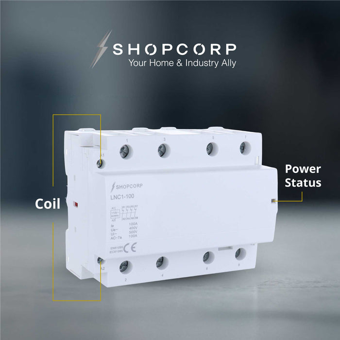 Shopcorp 100 Amp 4 Pole Normally Closed IEC 500V Contactor with DIN Rail and 2 Screws for HVAC, AC, Motor Load and Lighting