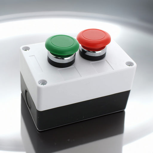 Shopcorp Mushroom Head Emergency Button, Spring Return (1 Green and 1 Red) - Includes Switch Control Station Box