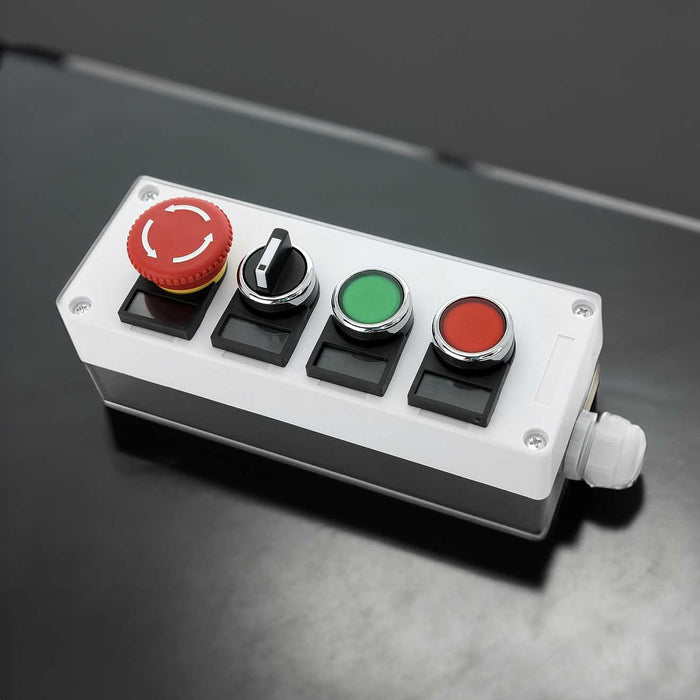 Shopcorp 22mm Control Station Box Set - Includes Momentary Push Buttons (Red and Green), Rotary Switch and Stay-Put Push Button