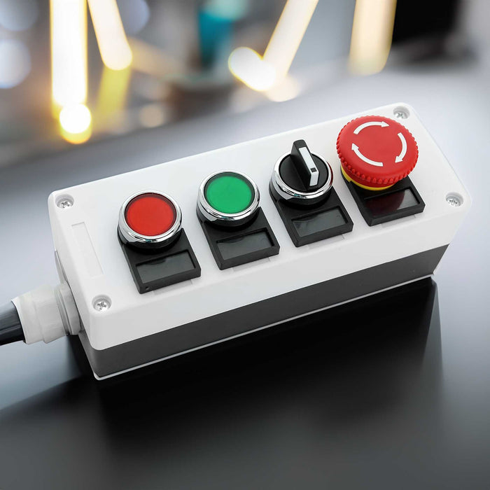 Shopcorp 22mm Control Station Box Set - Includes Momentary Push Buttons (Red and Green), Rotary Switch and Stay-Put Push Button