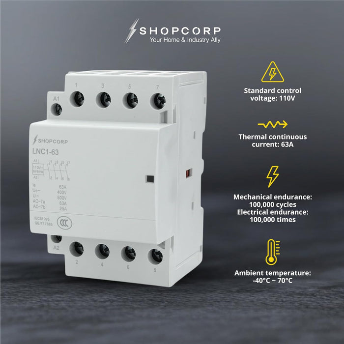 Shopcorp 40A 8 Pole (4x2) NO Contactor - 110/120VAC Coil, DIN Rail and Screws for HVAC, AC, Motor and Lighting