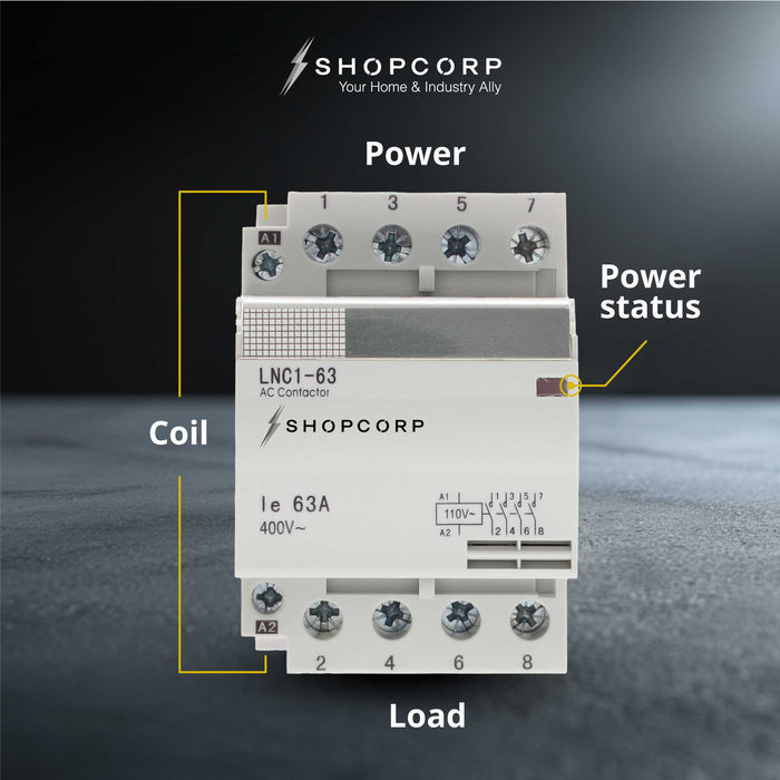 Shopcorp 63A 4 Pole NO IEC 400V Contactor - 110/120VAC Coil for HVAC, AC, Motor Load, and Lighting