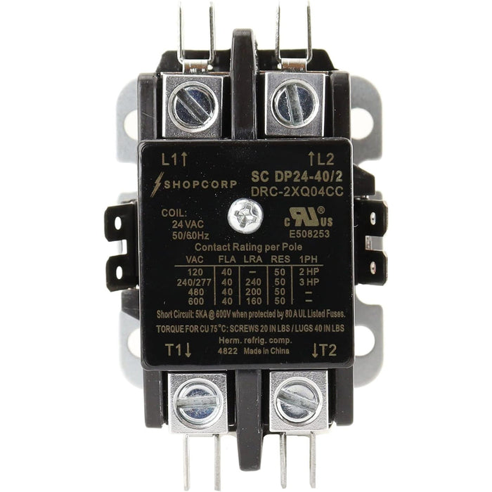 Shopcorp 40A 2 Pole 600V, 24V, Inductive 40A / Resistive 50A Contactor for HVAC and Lighting - 2 pack