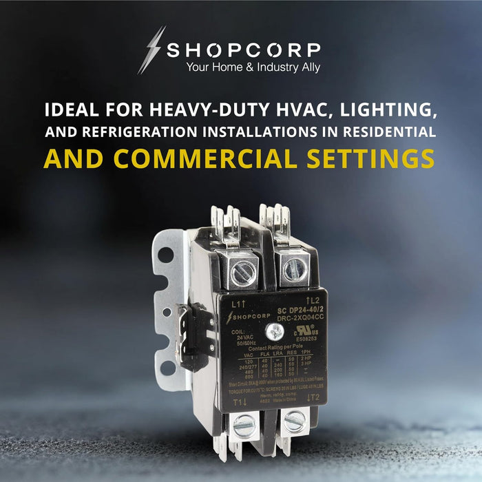 Shopcorp 40A 2 Pole 600V, 24V, Inductive 40A / Resistive 50A Contactor for HVAC and Lighting - 2 pack