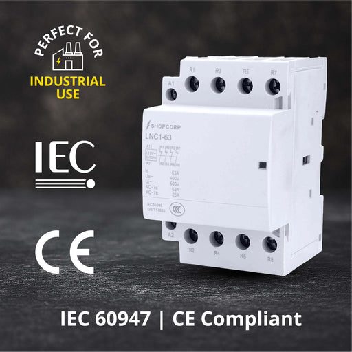 Shopcorp 40A 4 Pole Normally Closed Contactor IEC 400V - 110/120VAC Coil w/ DIN Rail for HVAC, AC, Motor Load & Lighting