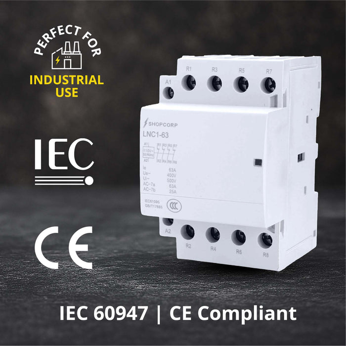 Shopcorp 40A 4 Pole Normally Closed Contactor IEC 400V - 110/120VAC Coil w/ DIN Rail for HVAC, AC, Motor Load & Lighting