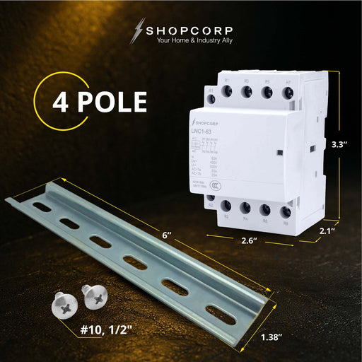 Shopcorp 40A 4 Pole Normally Closed Contactor IEC 400V - 110/120VAC Coil w/ DIN Rail for HVAC, AC, Motor Load & Lighting