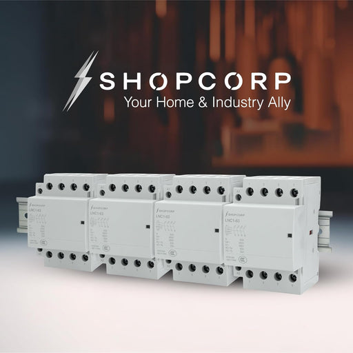 Shopcorp 50A 16 Pole (4x4) NO Contactor - IEC 400V - 110/120VAC Coil - With 8" DIN Rail and 2 Number 10 Screws for HVAC, AC, Motor and Lighting