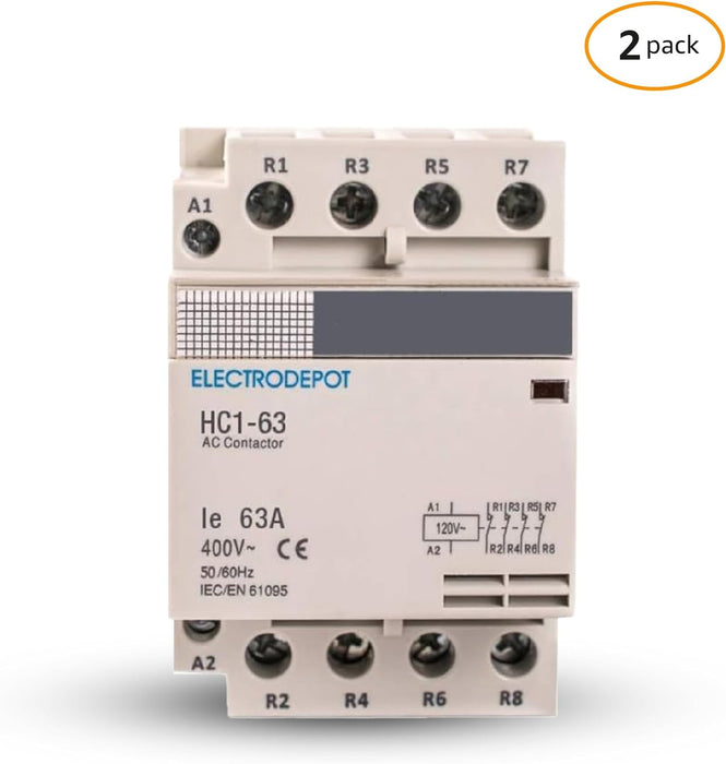 Electrodepot Contactor - 60 Amp 4 Pole Normally Open Contactor 400V - 110/120VAC for HVAC AC Motor and Lighting - 2 pack Contactor