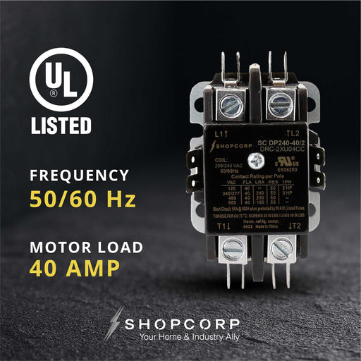 Shopcorp 40 Amp 2 Pole Definite Purpose Contactor | 50A RES, 240V Coil, UL Listed for HVAC, Lighting & Motor Load Applications