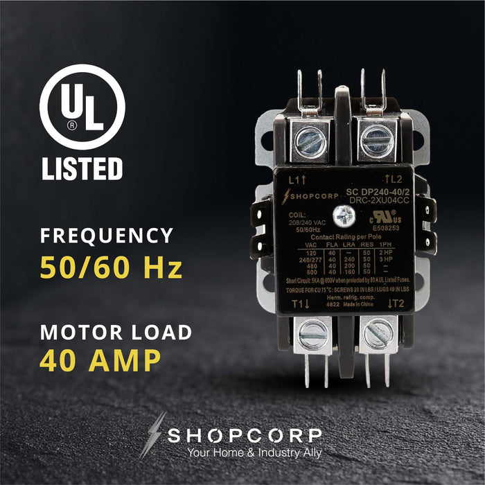 Shopcorp 40 Amp 2 Pole Definite Purpose Contactor | 50A RES, 240V Coil, UL Listed for HVAC, Lighting & Motor Load Applications