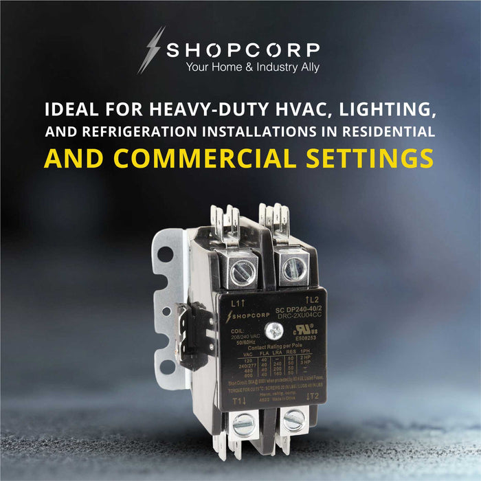 Shopcorp 40 Amp 2 Pole Definite Purpose Contactor | 50A RES, 240V Coil, UL Listed for HVAC, Lighting & Motor Load Applications