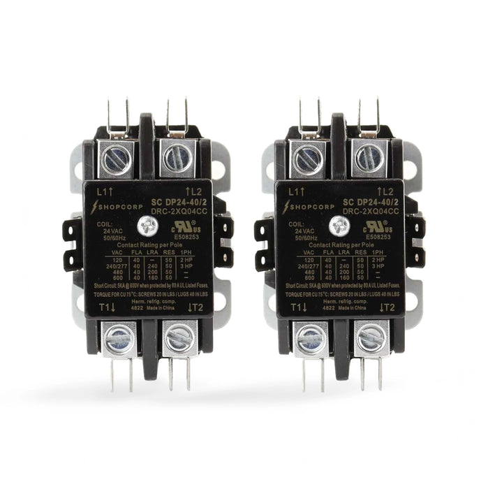 Shopcorp 40A 2 Pole 600V, 24V, Inductive 40A / Resistive 50A Contactor for HVAC and Lighting - 2 pack