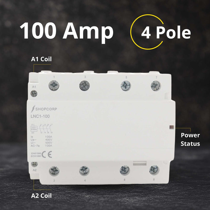 Shopcorp 100 Amp 4 Pole Normally Open IEC 500V Contactor 240VAC Coil for HVAC, AC, Motor Load and Lighting