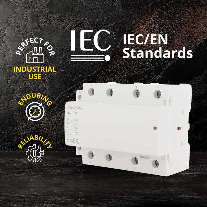 Shopcorp 100 Amp 4 Pole Normally Open IEC 500V Contactor 240VAC Coil for HVAC, AC, Motor Load and Lighting
