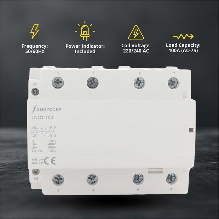 Shopcorp 100 Amp 4 Pole Normally Open IEC 500V Contactor 240VAC Coil for HVAC, AC, Motor Load and Lighting
