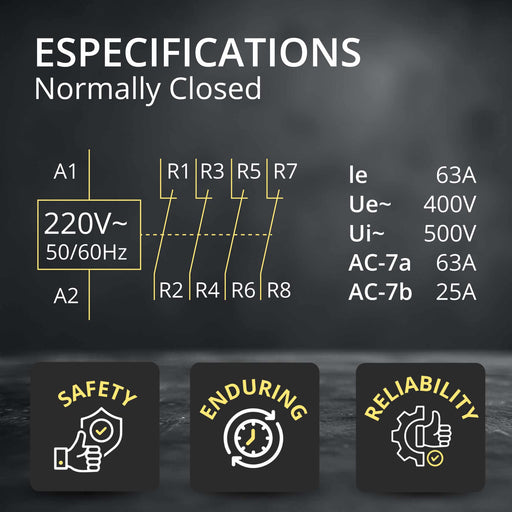 Shopcorp 60A 4 Pole Normally Closed Contactor - IEC 400V - 220/240VAC Coil for HVAC Systems, AC, Motor Load and Lighting