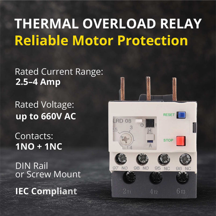 Thermal Overload Relay LR2-D13 (2.5–4A) – Motor Protection Relay with 1NO/1NC, IEC Rated, DIN Rail Mount