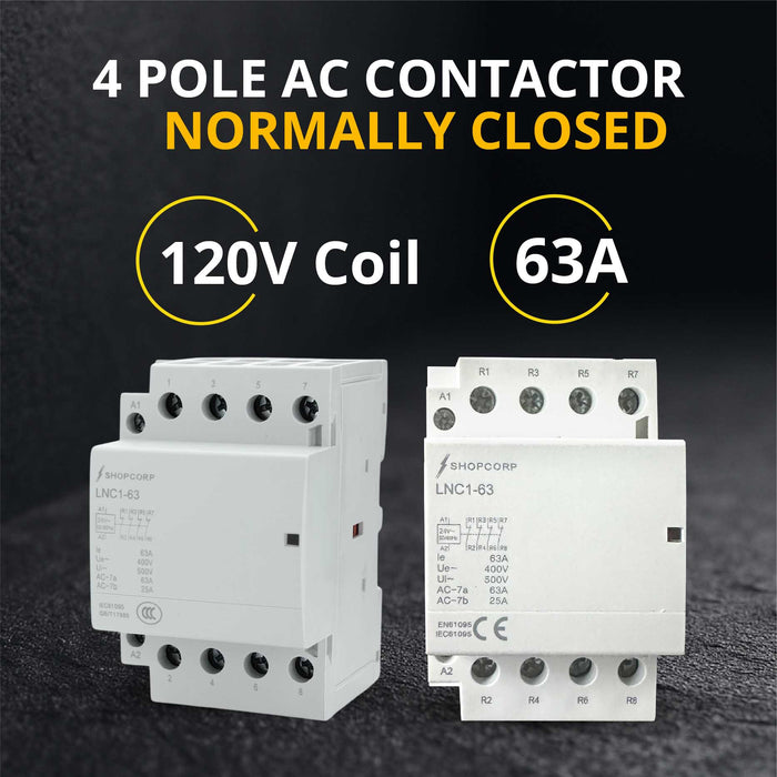 Shopcorp 63A 4 Pole IEC NC Contactor -  24V Coil for HVAC, AC, Motor Load and Lighting