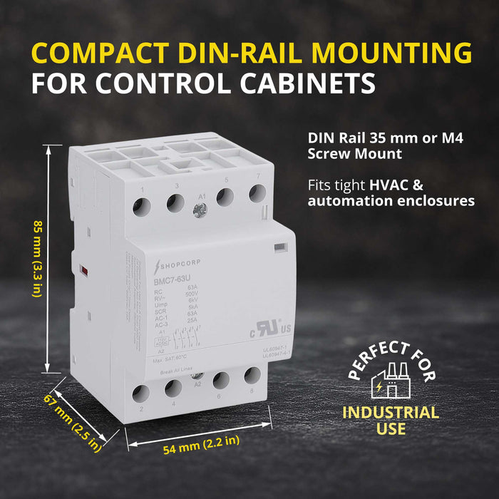 Shopcorp 63A AC/DC 4 Pole Normally Open UL Listed Contactor | 120V Coil, IEC 400V, DIN Rail Mount