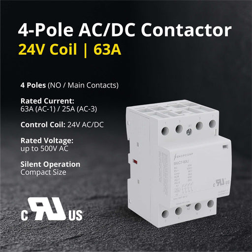 Shopcorp 63Amp AC/DC 4 Pole Normally Open UL Listed Contactor, 24V Coil, IEC 400V DIN Rail