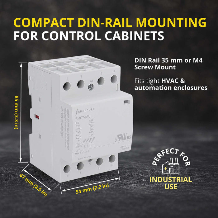 Shopcorp 63Amp AC/DC 4 Pole Normally Open UL Listed Contactor, 24V Coil, IEC 400V DIN Rail