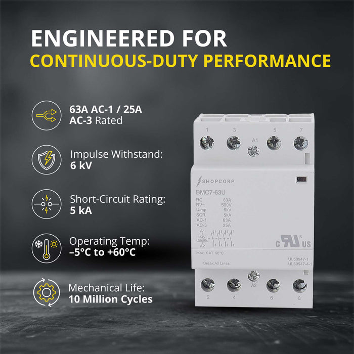 Shopcorp 63Amp AC/DC 4 Pole Normally Open UL Listed Contactor, 24V Coil, IEC 400V DIN Rail