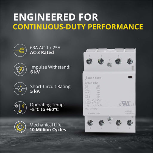 Shopcorp 63A AC/DC 4 Pole Normally Open UL Listed Contactor | 120V Coil, IEC 400V, DIN Rail Mount