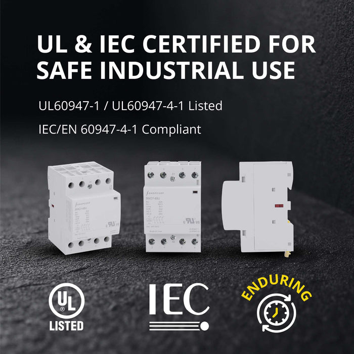 Shopcorp 63A AC/DC 4 Pole Normally Open UL Listed Contactor | 120V Coil, IEC 400V, DIN Rail Mount