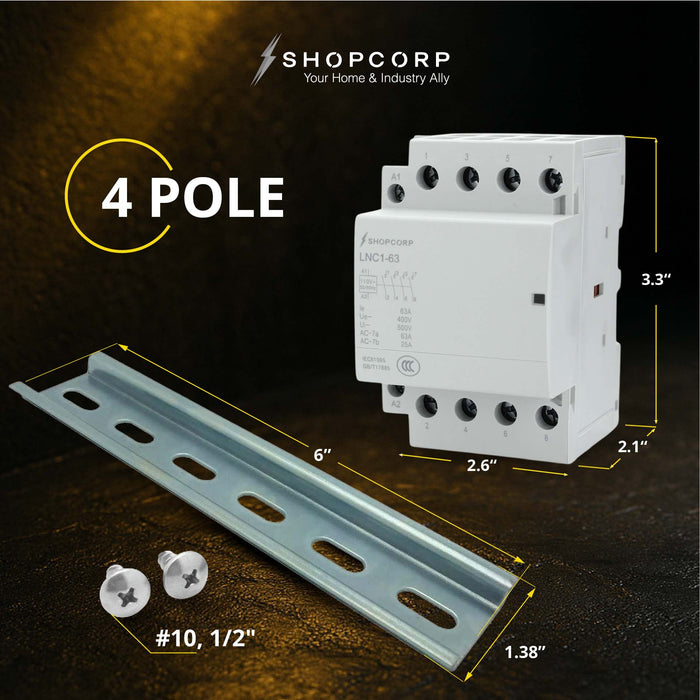 Shopcorp 63 Amp 4 Pole NO Contactor - IEC 400V - 110/120VAC Coil with DIN Rail & 2 Screws for HVAC, AC, Motor & Lighting