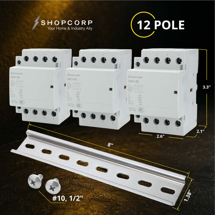 Shopcorp 60A 12 Pole (4x3) NO Contactor - IEC 400V - 110/120VAC Coil - with DIN Rail & Screws for HVAC, Motor & Lighting