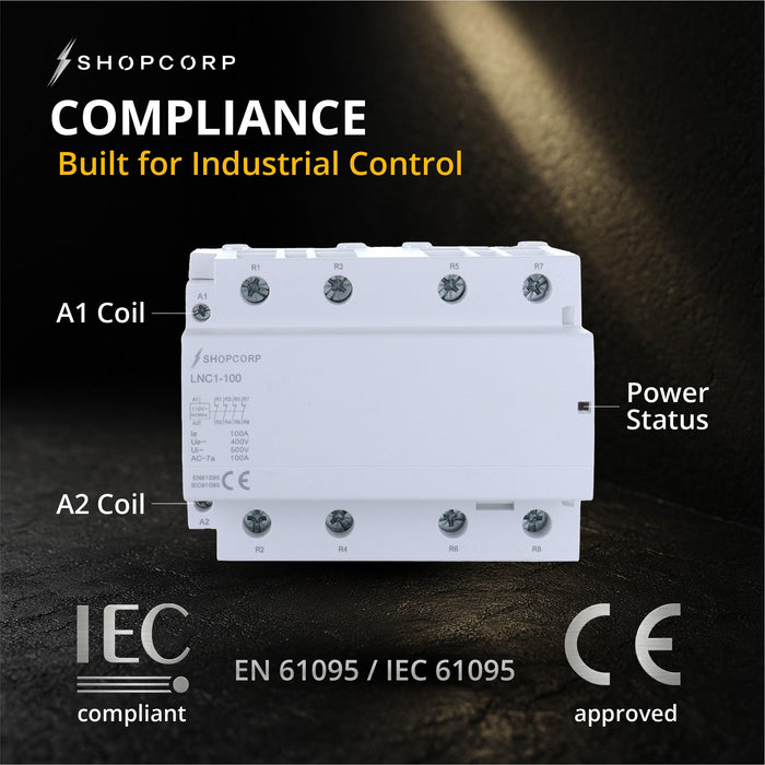Shopcorp 100 Amp 4 Pole Normally Closed Contactor IEC 500V - 110/120VAC Coil for HVAC, AC, Motor Load & Lighting Systems