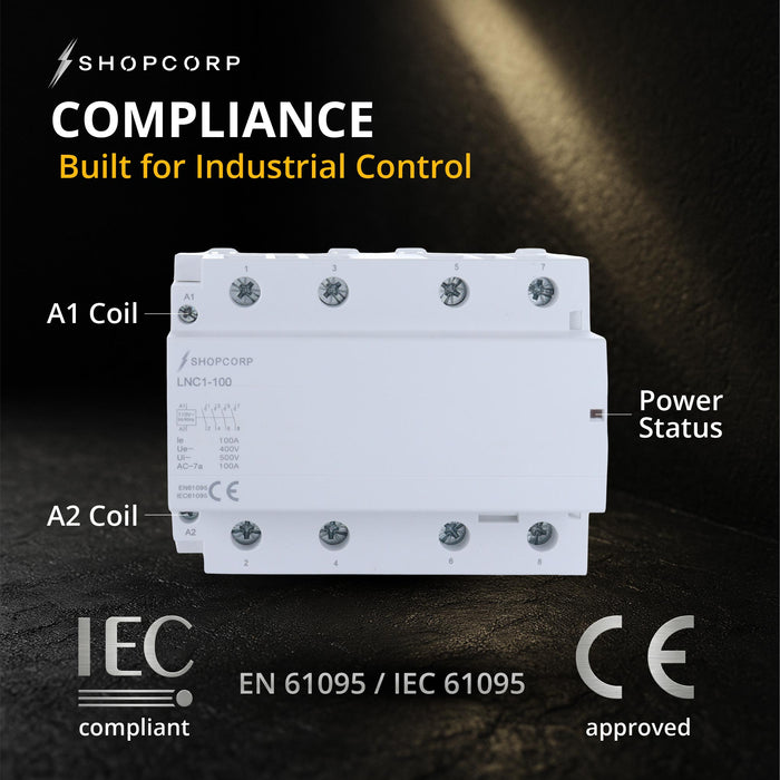 Shopcorp 100 Amp 4 Pole Normally Open IEC 500V Contactor with DIN Rail and 2 Screws for HVAC, AC, Motor Load and Lighting - Compliance