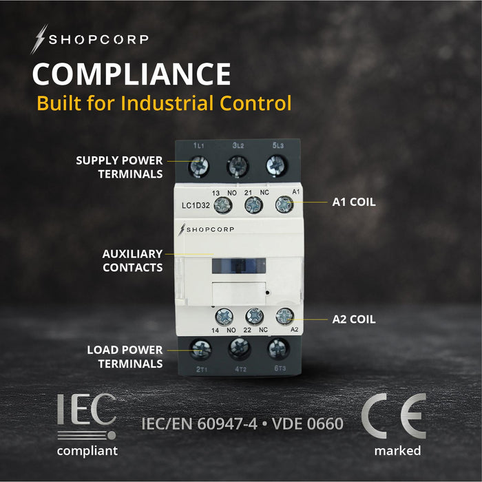 Shopcorp 30A 3 Pole IEC 660V Contactor - Normally Open and Aux. 1NO/1NC - 110/120VAC Coil for HVAC, AC, Motor & Lighting - Compliance