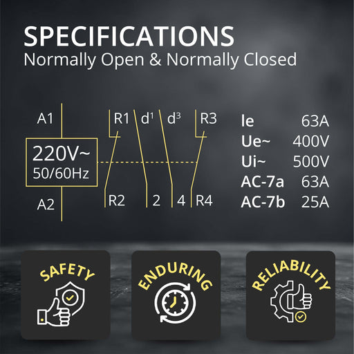 Shopcorp 63 Amp 4 Pole 2NO / 2NC 400V Contactor, 220VAC Coil for HVAC, Air Conditioner, Motor Load & Lighting System