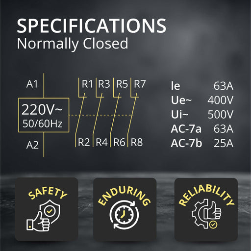 Shopcorp 60A 4 Pole Normally Closed Contactor - IEC 400V - 220/240VAC Coil for HVAC Systems, AC, Motor Load and Lighting