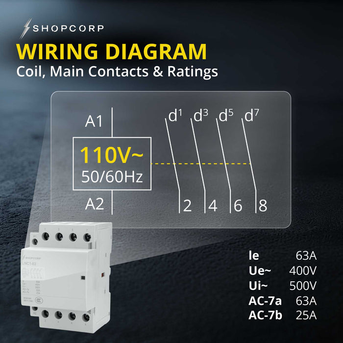 Shopcorp 63A 4 Pole NO IEC 400V Contactor - 110/120VAC Coil for HVAC, AC, Motor Load, and Lighting - Diagram