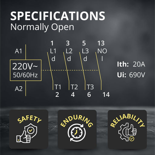Shopcorp Mini Contactor 3 Pole – 220V Coil, 12A AC-3 20A AC-1, IEC 690V for HVAC, Lighting & Motor Control