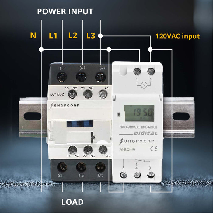 Shopcorp 30A 3 Pole Contactor NO & Aux 1NO/1NC - 110/120VAC Coil w/ 24-7 Timer, DIN Rail & Screws for Motor & Lighting