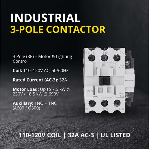 Shopcorp 3 Pole Contactor 120v Coil 30A NO IEC/UL 690/600V Switch, Aux 1NO/1NC –110/120VAC Coil