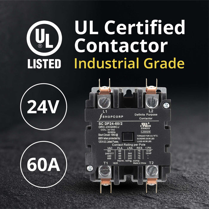 Shopcorp 60 Amp 2 Pole Definite Purpose Contactor | 75A RES, 24V Coil, UL Listed for HVAC, Refrigeration & Heat Pump Systems