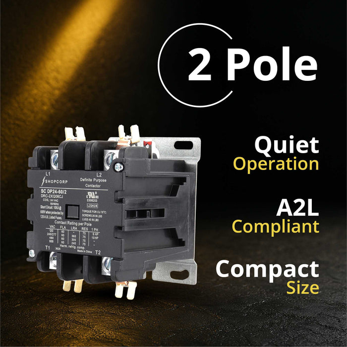 Shopcorp 60 Amp 2 Pole Definite Purpose Contactor | 75A RES, 24V Coil, UL Listed for HVAC, Refrigeration & Heat Pump Systems