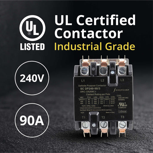 Shopcorp 90 Amp 3 Pole Definite Purpose Contactor – 120A RES, 240V Coil, IEC/UL Listed for HVAC, Lighting & Motor Applications