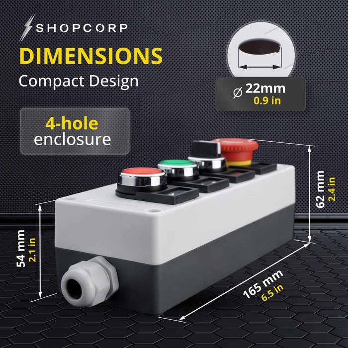 Shopcorp 22mm Control Station Box Set - Includes Momentary Push Buttons (Red and Green), Rotary Switch and Stay-Put Push Button
