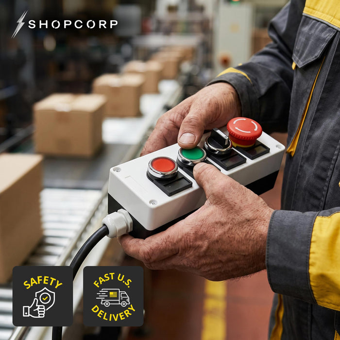 Shopcorp 22mm Control Station Box Set - Includes Momentary Push Buttons (Red and Green), Rotary Switch and Stay-Put Push Button