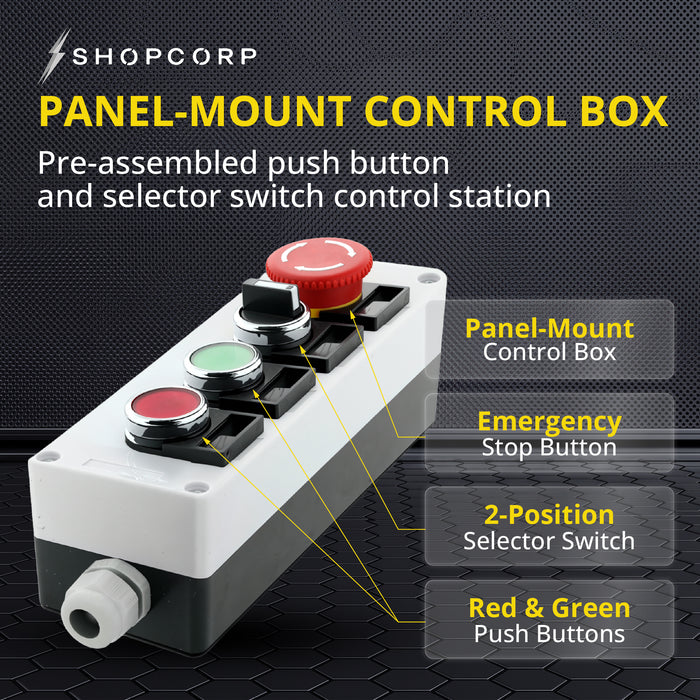 Shopcorp 22mm Control Station Box Set - Includes Momentary Push Buttons (Red and Green), Rotary Switch and Stay-Put Push Button