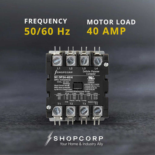 Shopcorp 40 Amp 4 Pole Definite Purpose Contactor – 24VAC Coil for HVAC, Refrigeration & Heat Pump Systems