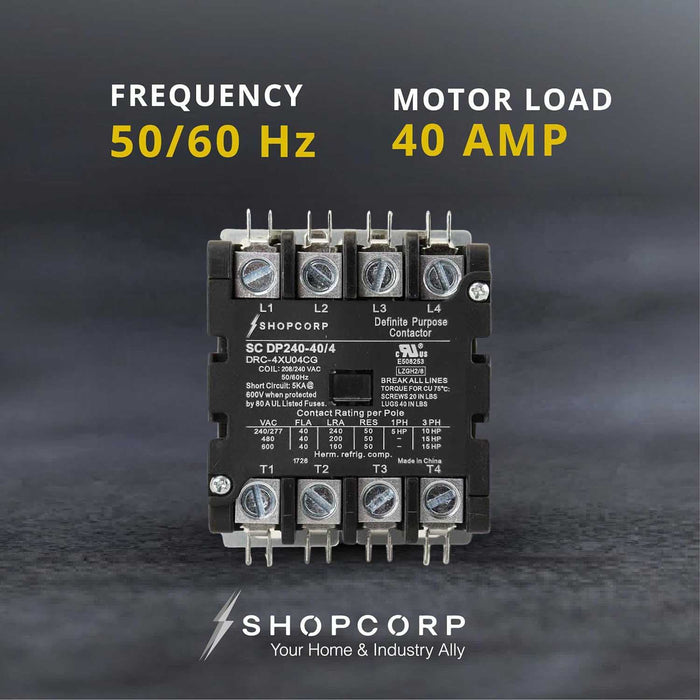 Shopcorp 40 Amp 4 Pole Definite Purpose Contactor – 208/240VAC Coil for HVAC, Refrigeration & Heat Pump Systems