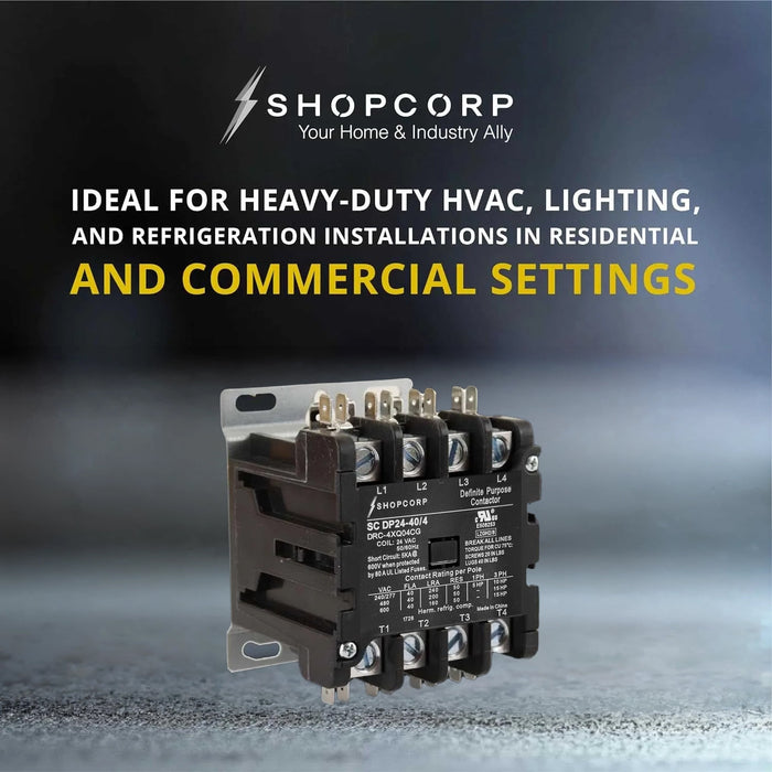 Shopcorp 40 Amp 4 Pole Definite Purpose Contactor – 24VAC Coil for HVAC, Refrigeration & Heat Pump Systems